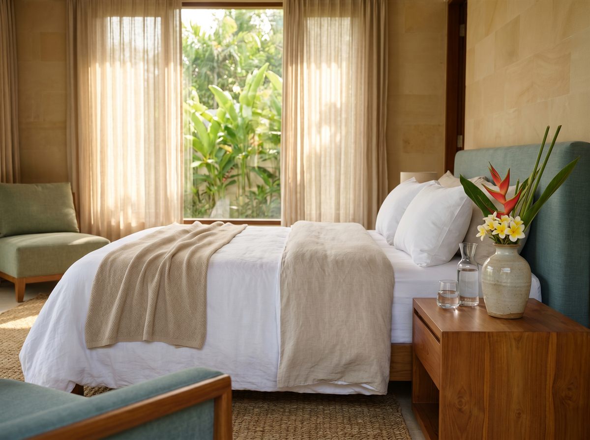 Serene Bali villa bedroom arranged for restful recovery